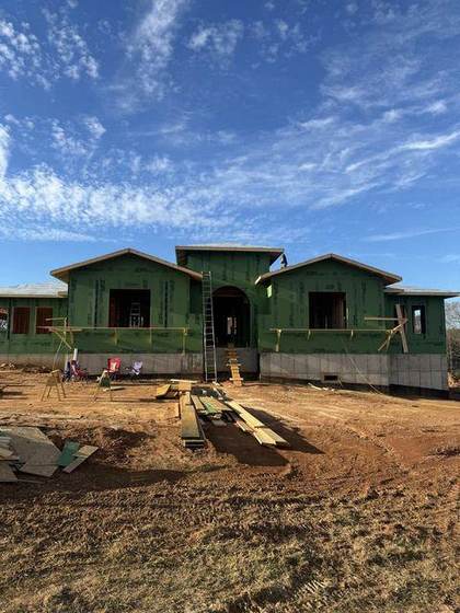 Front of the home framed and sheathed