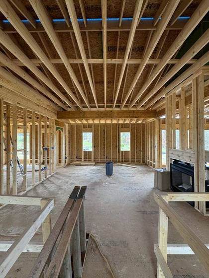 Interior framing with the roof structure overhead